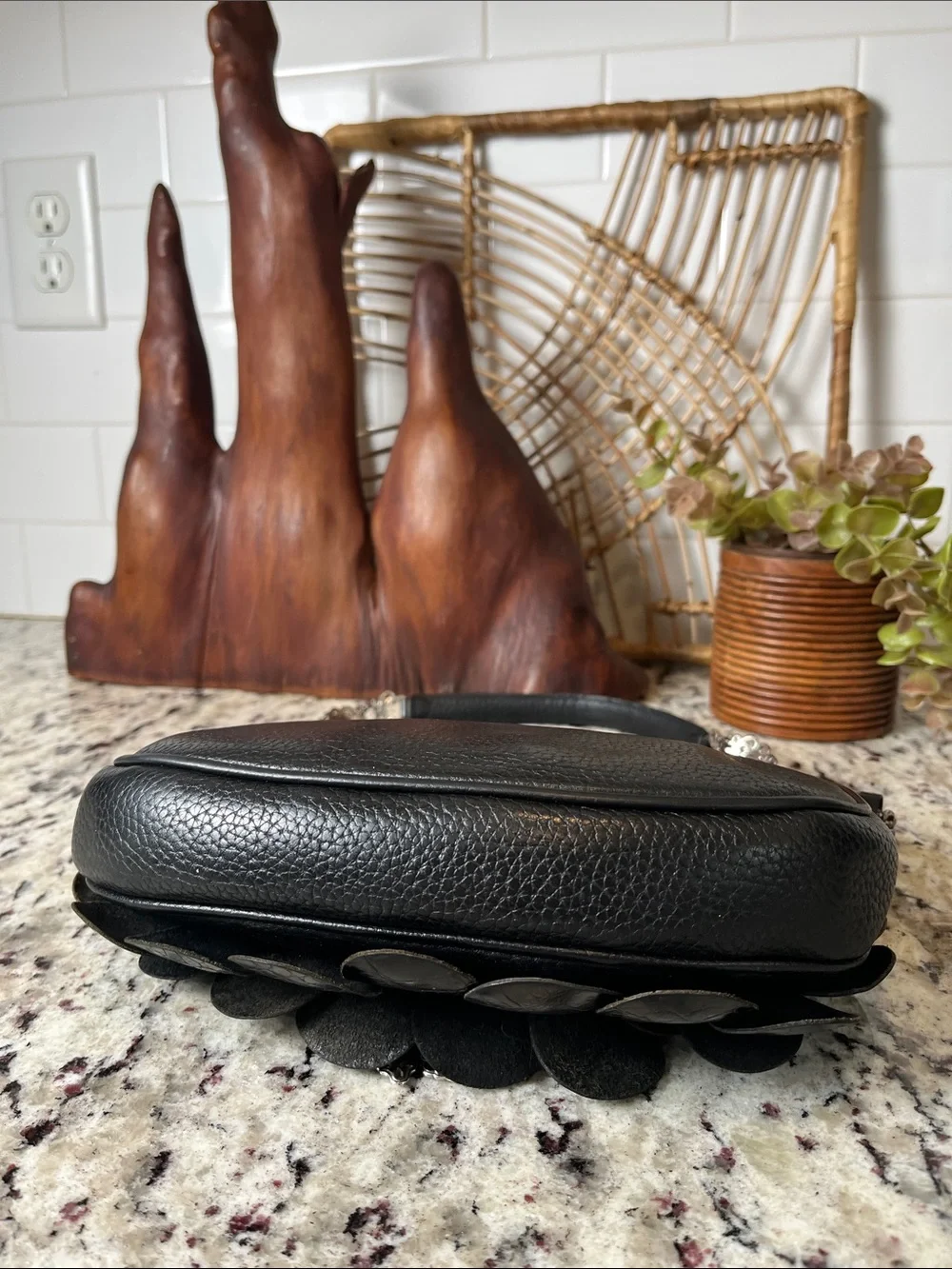 Brighton Black Leather Petal Appliqué Shoulder Bag